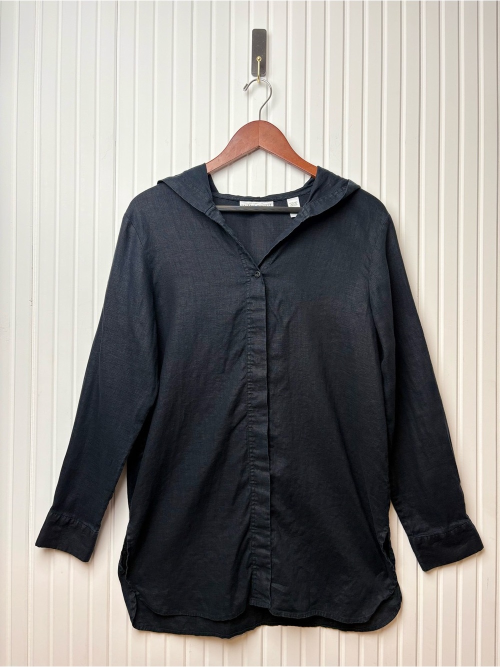 Womens 100% Linen Tunic Button Up Top M Hooded Coastal Cover Up Oversized Lagen